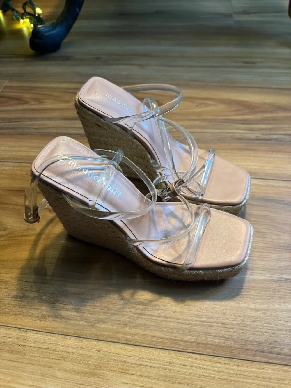 Madden Girl Clear-Strap Espadrille Wedges in Blush